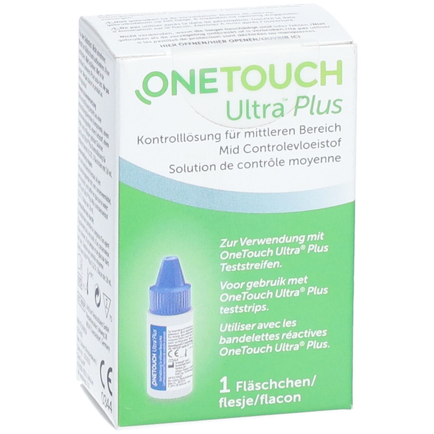 OneTouch Ultra Plus solution de contrôle. Boîte avec flacon. Texte en allemand, français et néerlandais. Flacon à bouchon bleu.