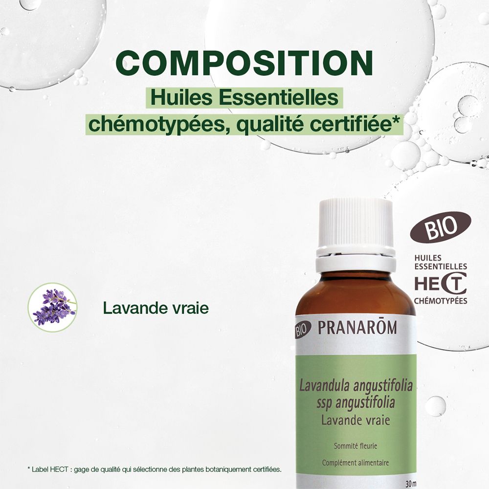 Flacon d'huile essentielle de lavande. Certification BIO. Texte: Huiles Essentielles chémotypées, Lavande vraie.