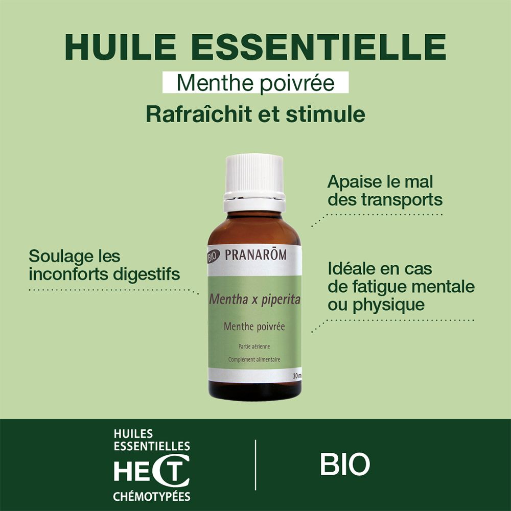 Flacon de produit avec texte sur fond vert. Texte : Huile Essentielle, Menthe poivrée. Certification BIO.