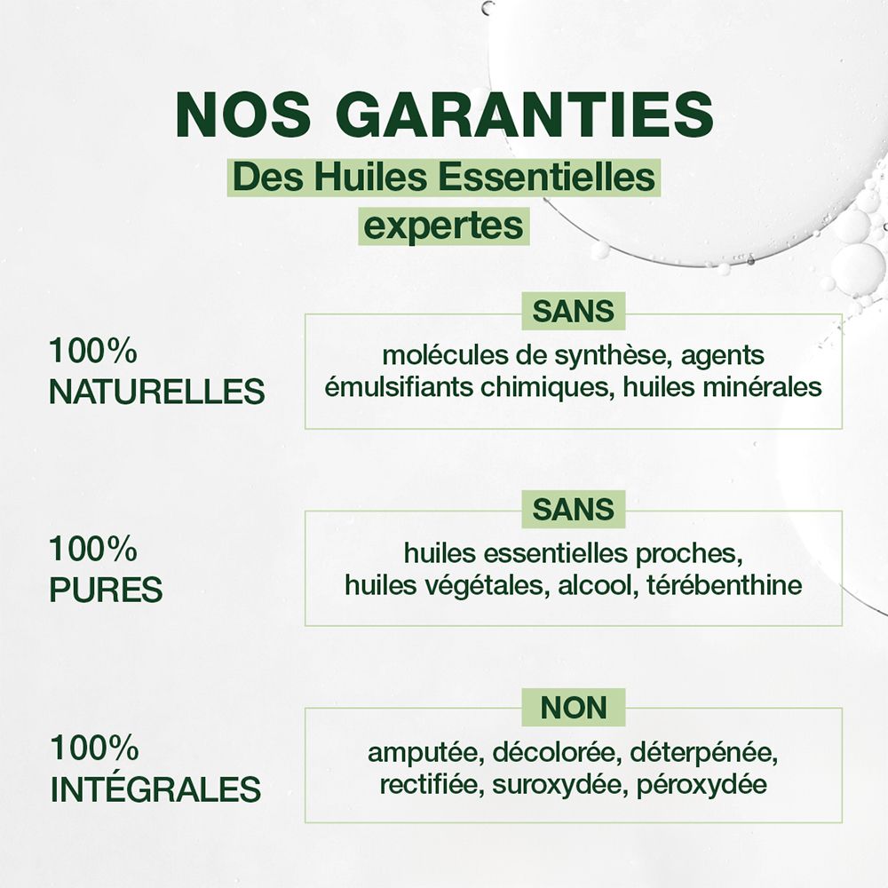 Tableau de texte avec les garanties du produit. Texte : 100% naturel, pur et intégral. Sans additifs.