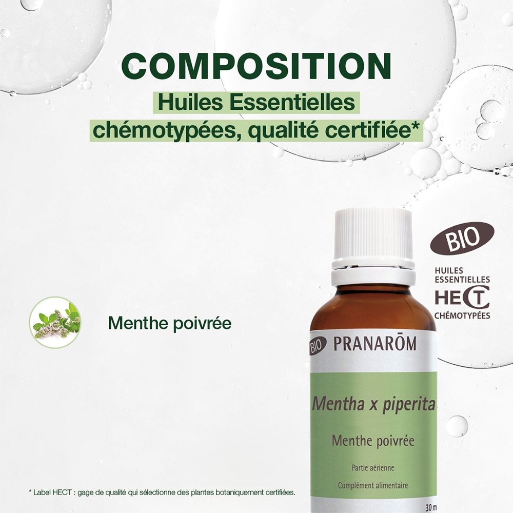 Flacon de produit avec texte sur fond vert. Texte : Composition, huiles essentielles. Certification BIO.