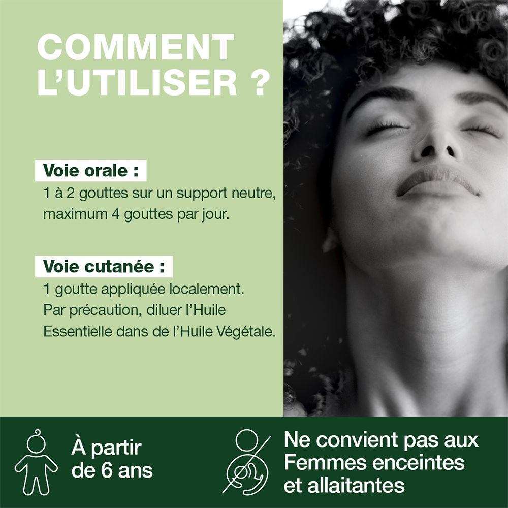 Conseils d'utilisation. Voie orale et cutanée. Ne convient pas aux femmes enceintes et enfants de moins de 6 ans.