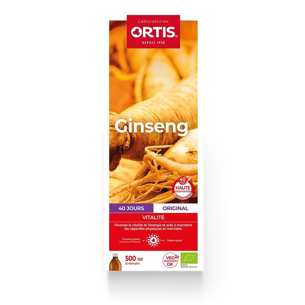 Ortis Ginseng Bio: Bouteille 500ml, racines de ginseng, vitalité.