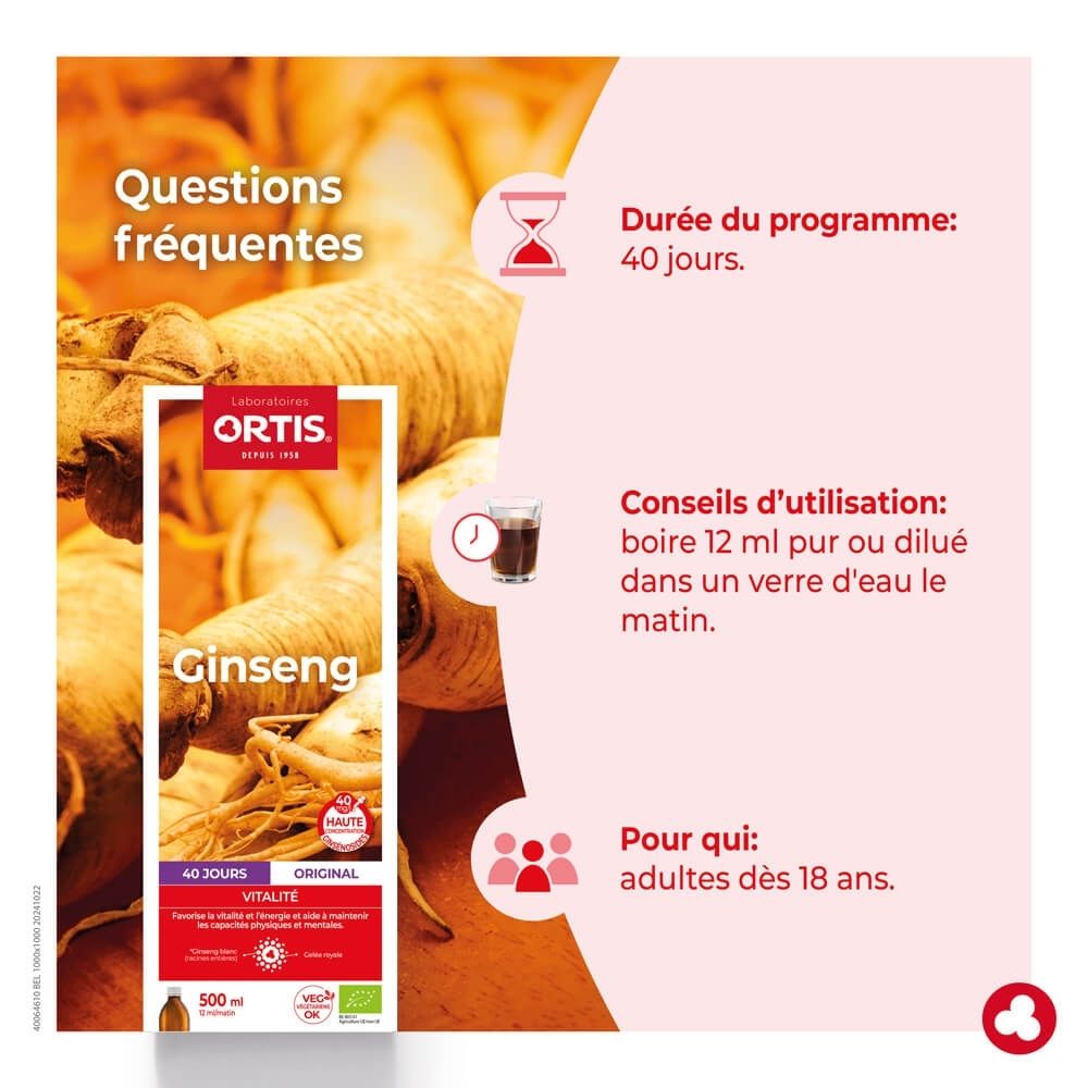 Ortis Ginseng Bio: Bouteille 500ml, racines de ginseng, vitalité.