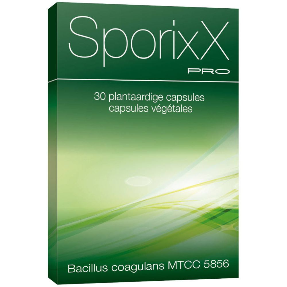 Boîte verte SporixX Pro. Contient 30 capsules végétales. Inscription: Bacillus coagulans MTCC 5856.