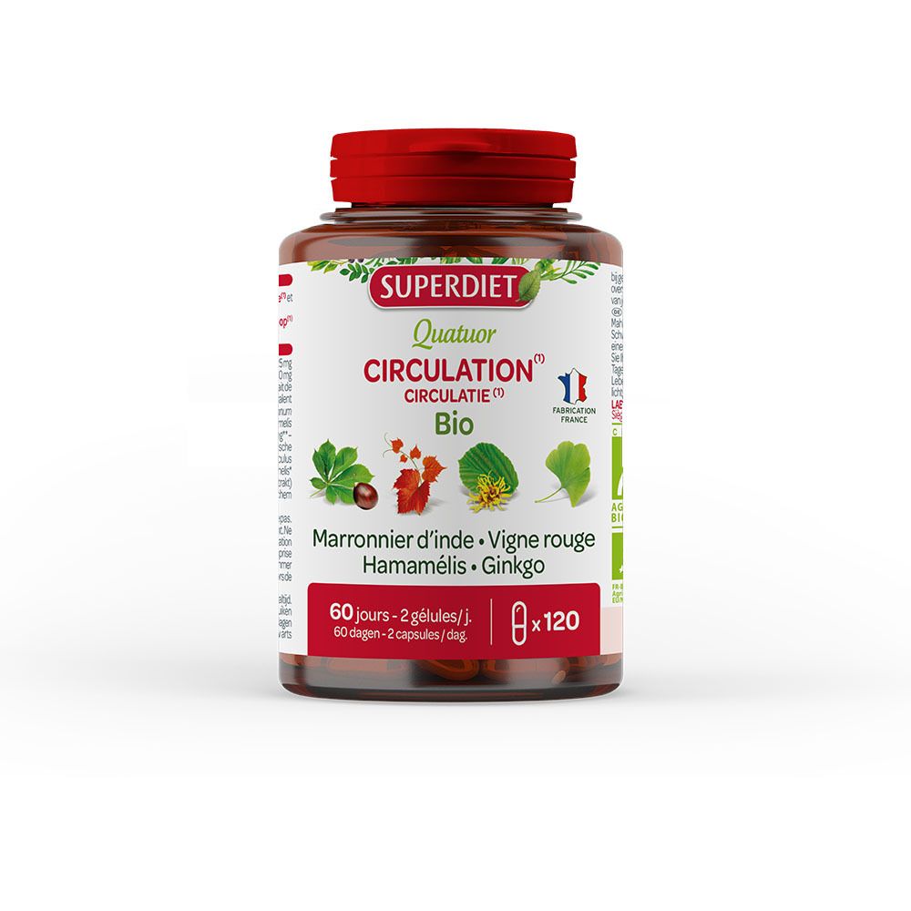 Flacon brun de gélules. Ingrédients : Marronnier d'Inde, Vigne Rouge, Hamamélis, Ginkgo. Contient 120 gélules.