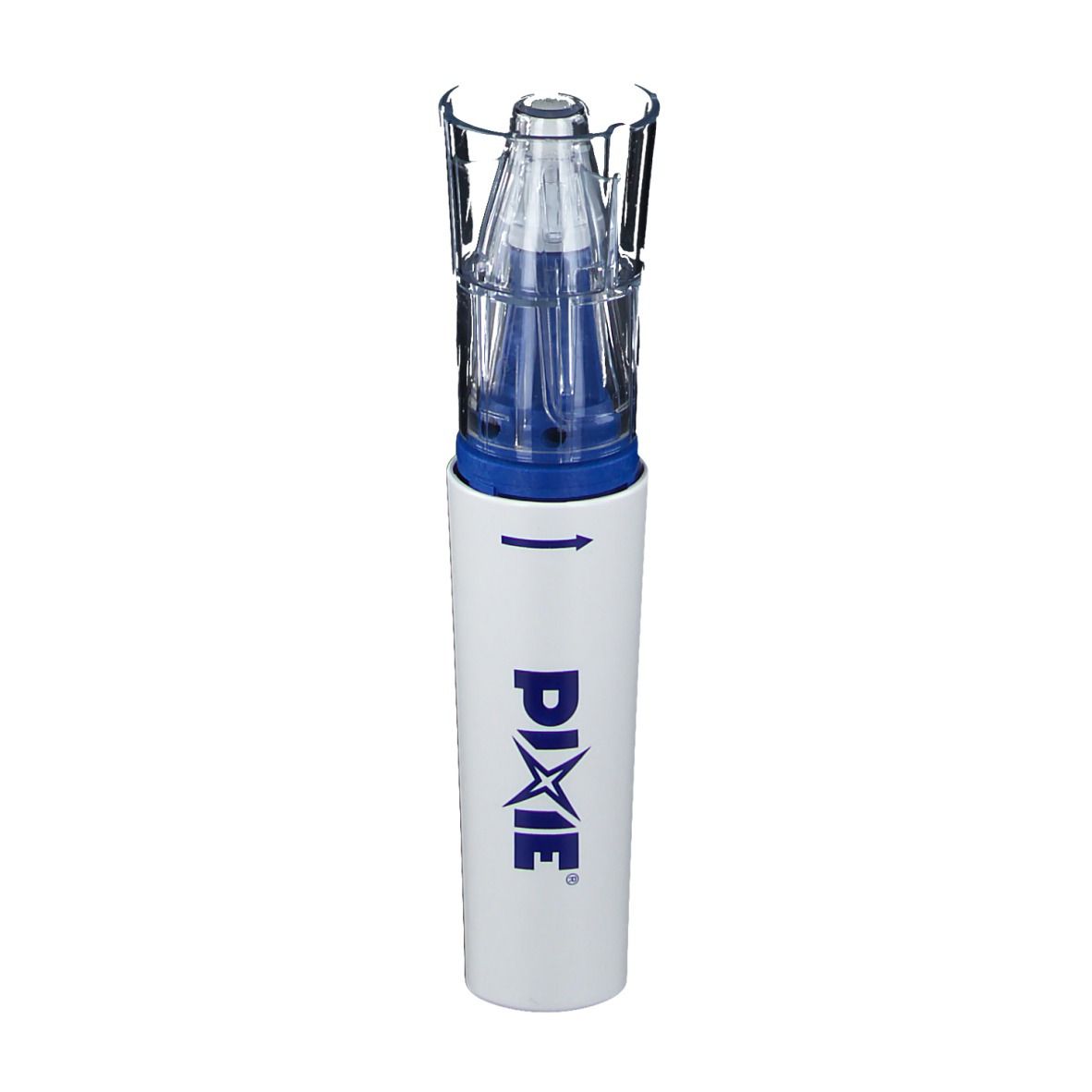 Dispositif cylindrique blanc avec applicateur bleu et embout transparent. Inscription: PIXIE.