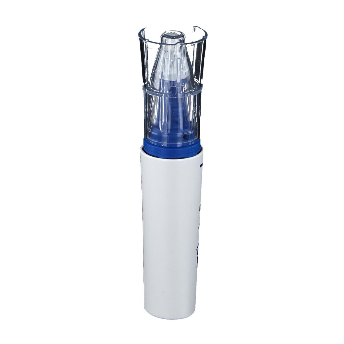 Dispositif cylindrique blanc avec applicateur bleu et embout transparent. Marquage CE.