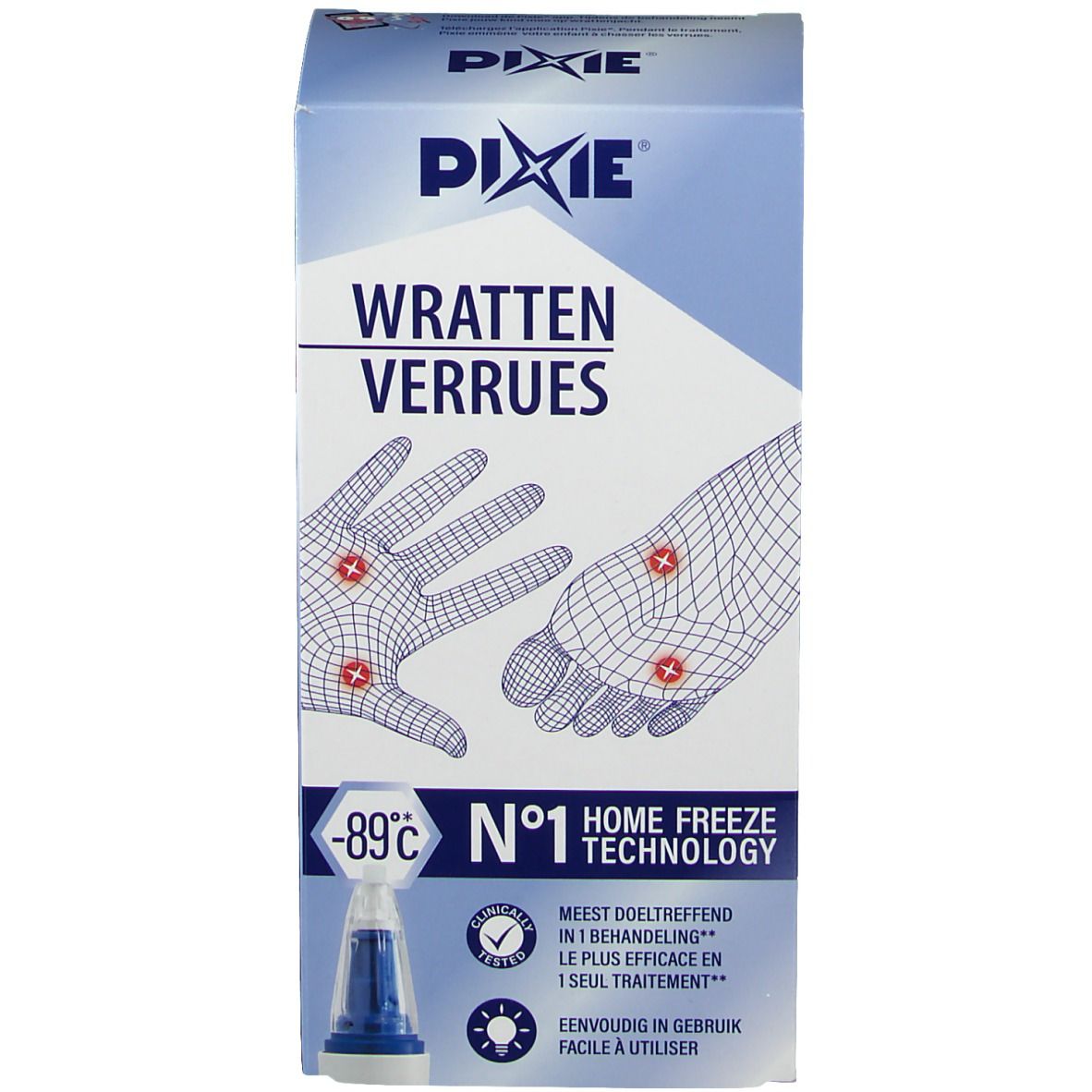 Emballage avec texte, logo et illustrations. Dispositif : blanc, bleu, transparent. Montre mains et pieds.