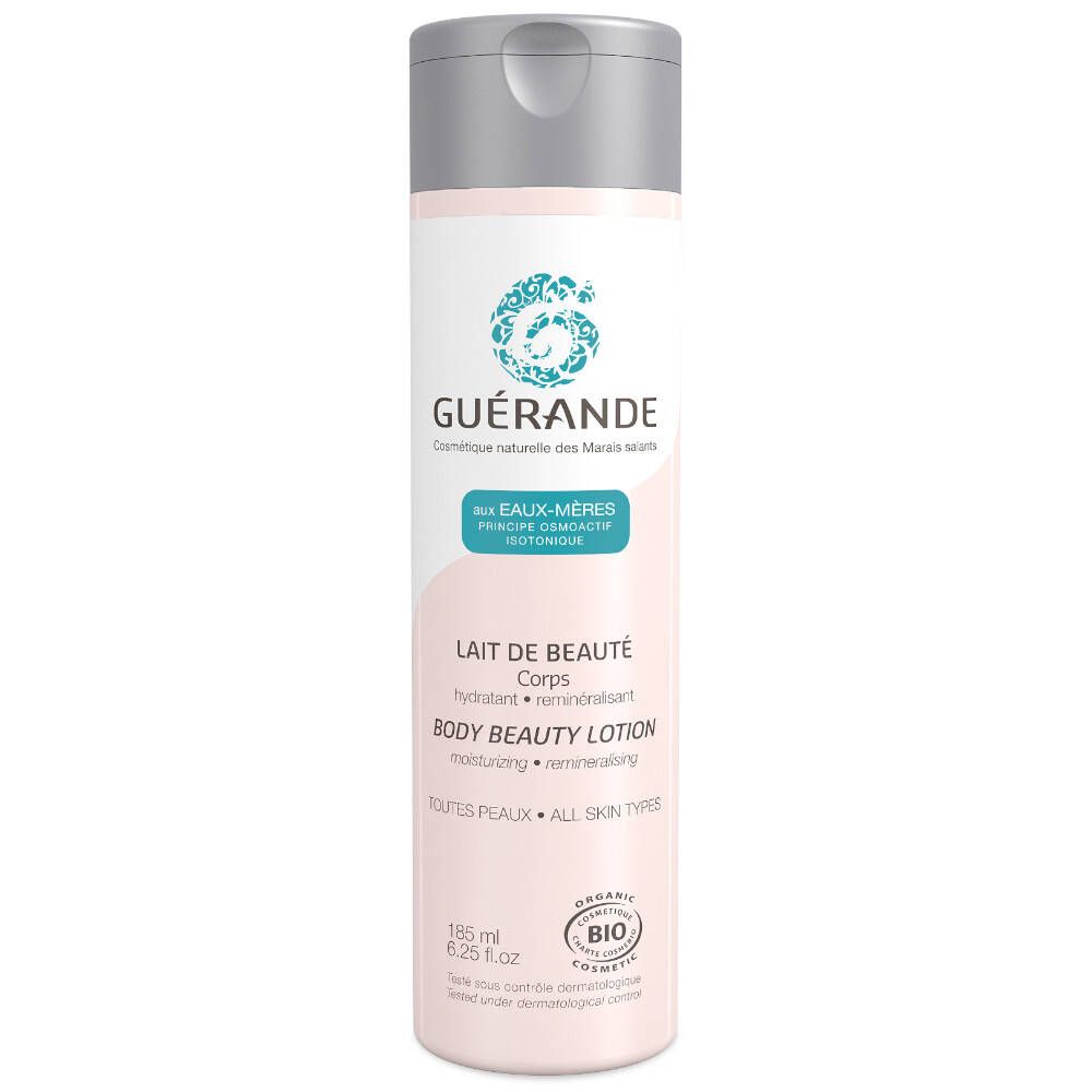GUÉRANDE® Lait de beauté. Flacon rose clair, bouchon argenté. Inscription: Lait de Beauté Corps, certification Bio.