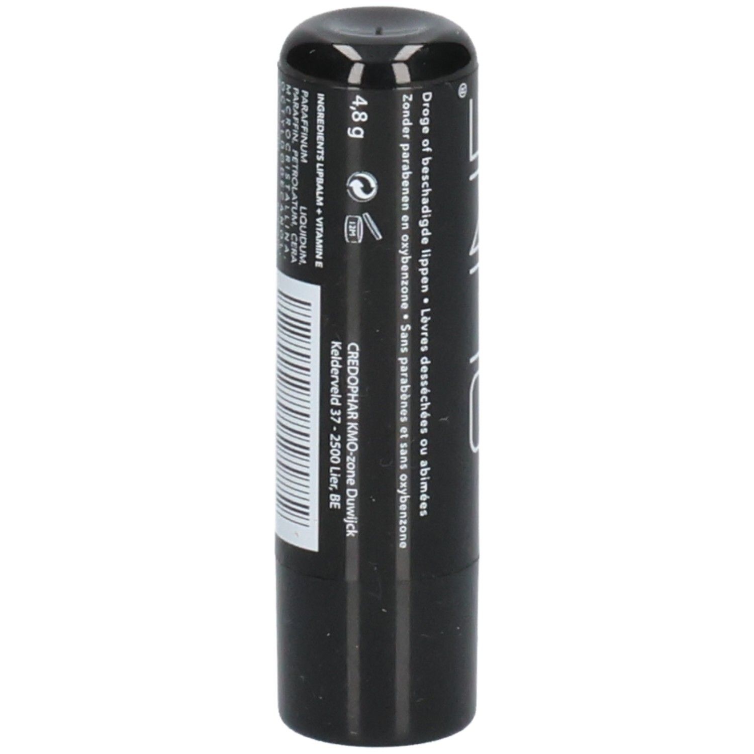Stick à lèvres noir. Texte: 4,8 g. Ingrédients. Texte: Sans parabènes, pour lèvres abîmées. Code-barres.