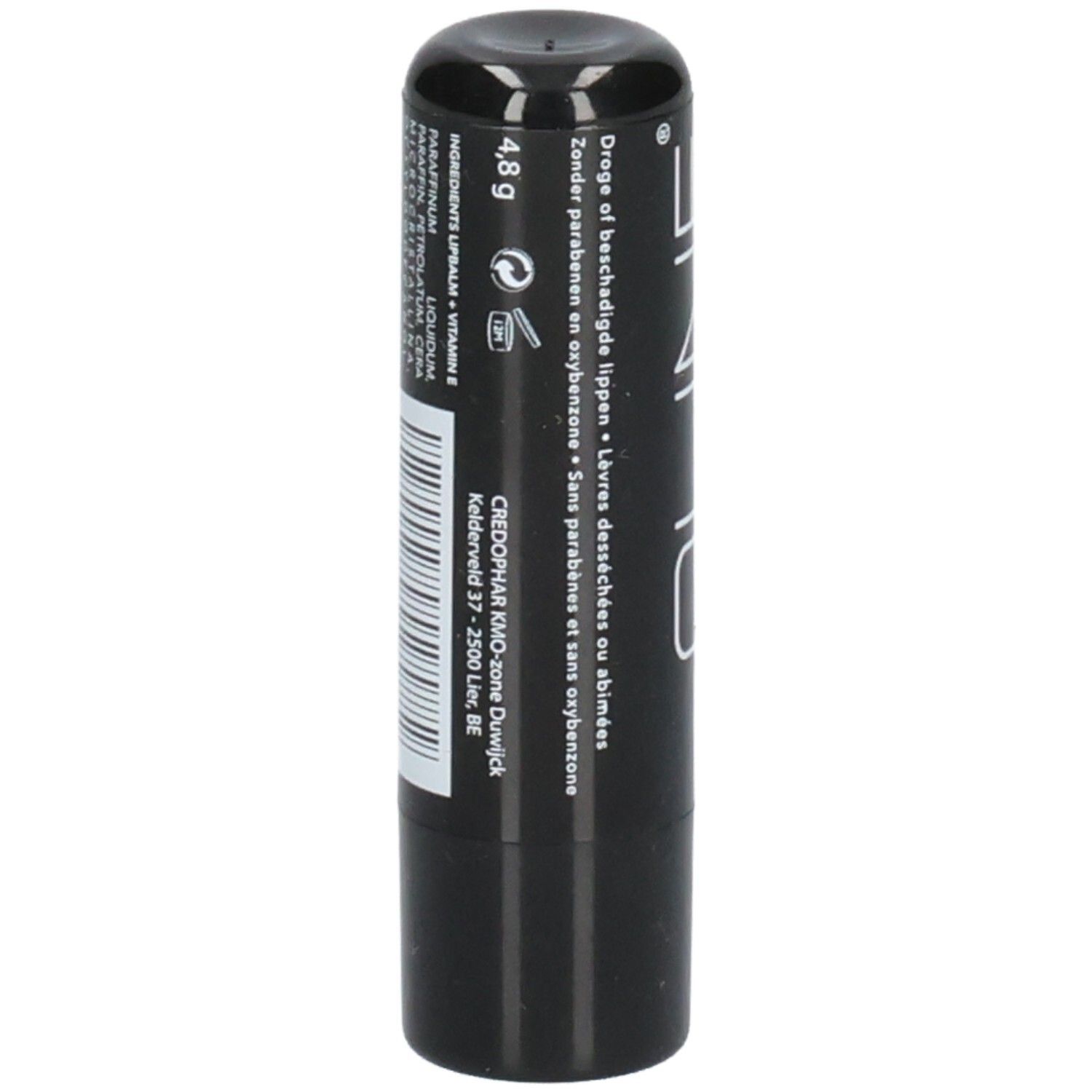 Stick à lèvres noir. Texte: 4,8 g. Ingrédients. Texte: Sans parabènes, pour lèvres abîmées. Code-barres.