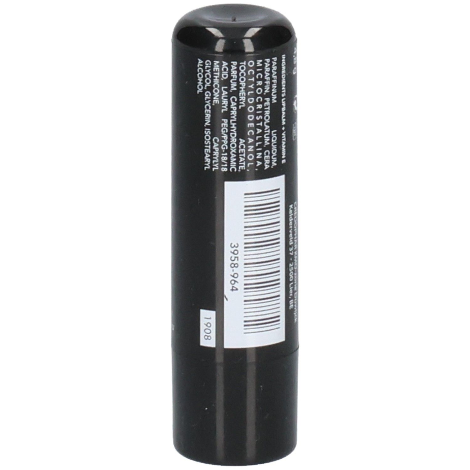 Stick à lèvres noir. Ingrédients. Code-barres. Texte: 1908. Numéro de produit.