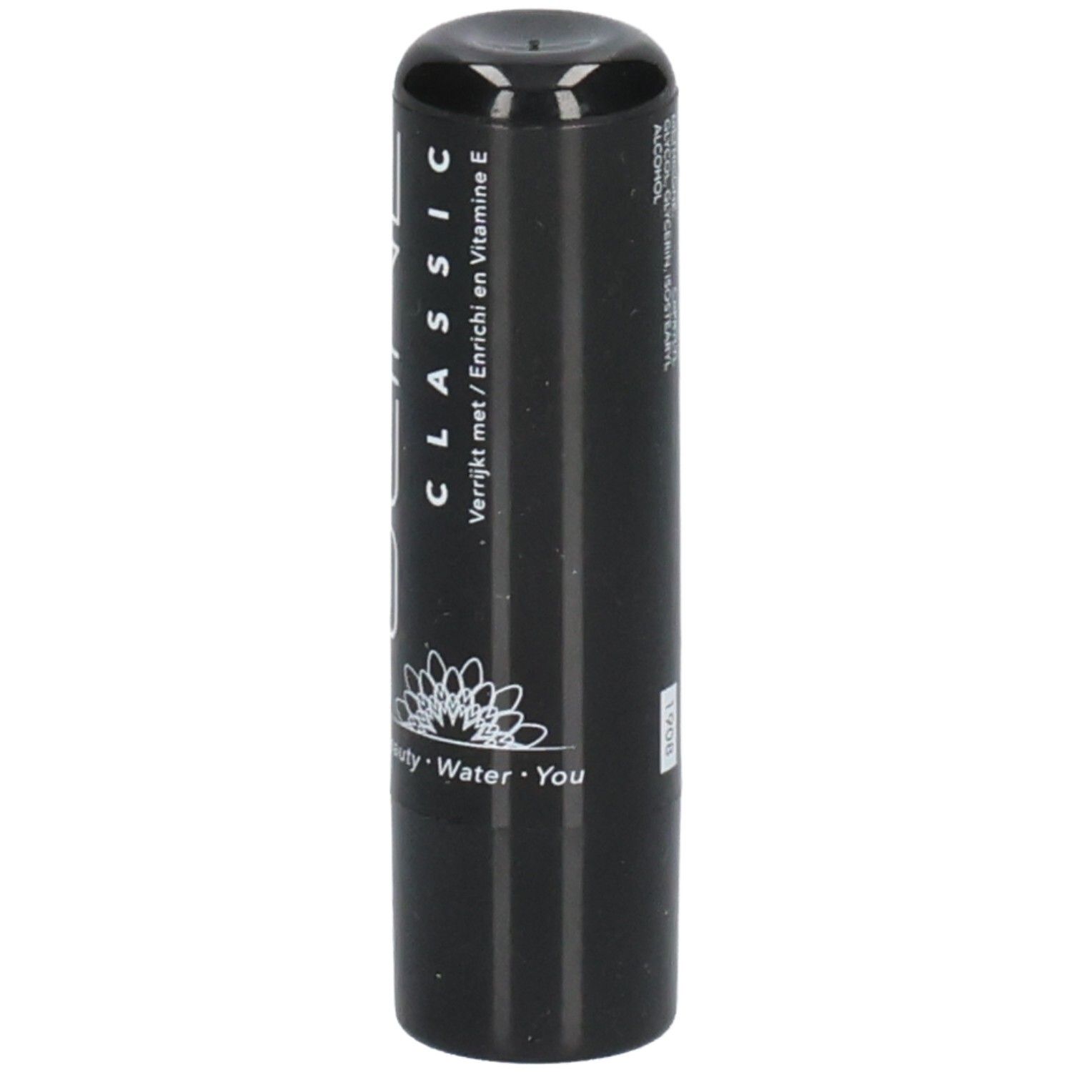 Stick à lèvres noir. Inscription Oline Classic. Texte: Enrichi en vitamine E. Logo floral. Texte: Beauty. Water. You.