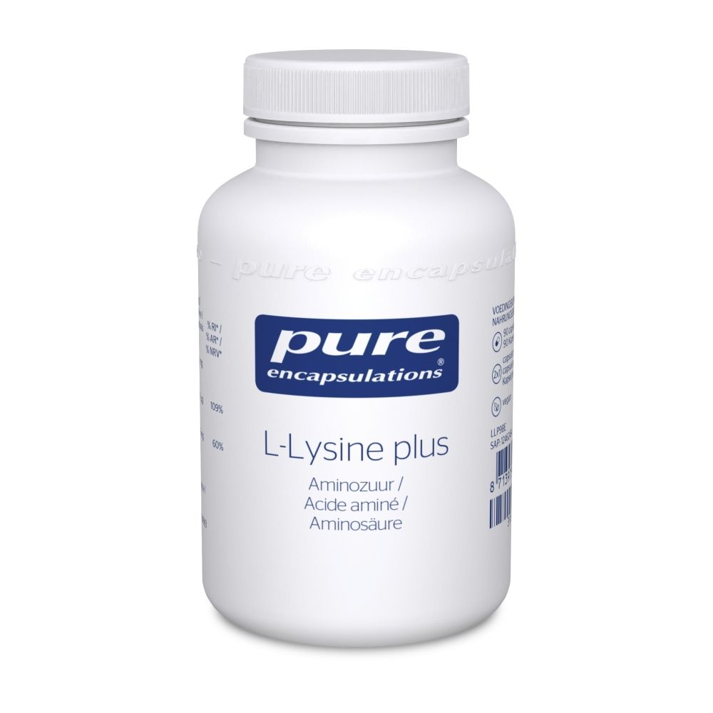 Flacon blanc avec bouchon. Étiquette avec nom du produit et ingrédients. Marque : Pure Encapsulations L-Lysine Plus.