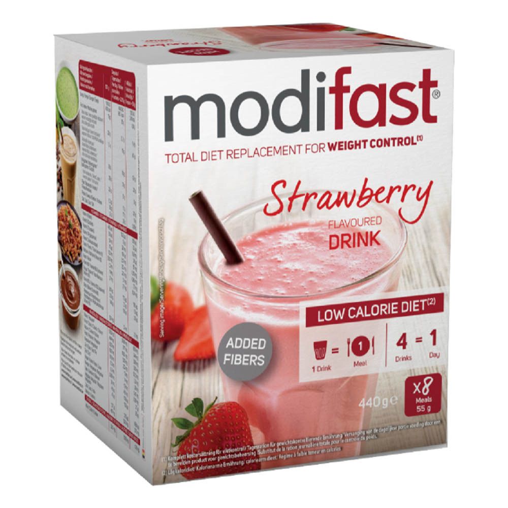 Boîte Modifast. Boisson saveur fraise. Informations nutritionnelles et ingrédients. Contrôle du poids. Avec fraise.