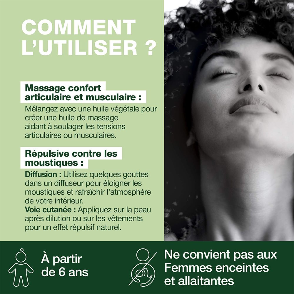 Texte : Conseils d'utilisation. Ne convient pas aux femmes enceintes/allaitantes et enfants de moins de 6 ans.