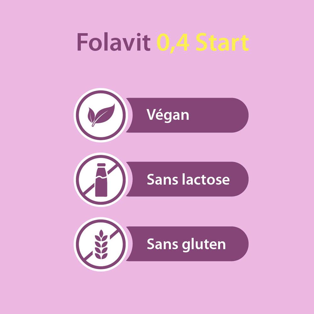 Symboles: Végétalien, sans lactose, sans gluten. Texte: Folavit 0,4 Start.