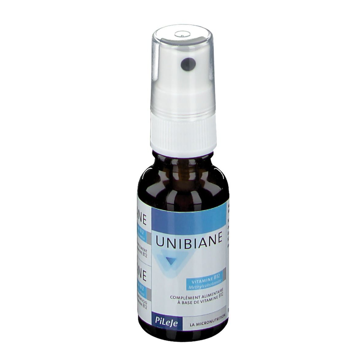 Flacon en verre brun avec pulvérisateur blanc. Inscription UNIBIANE, Vitamine B12. Marque PiLeJe.