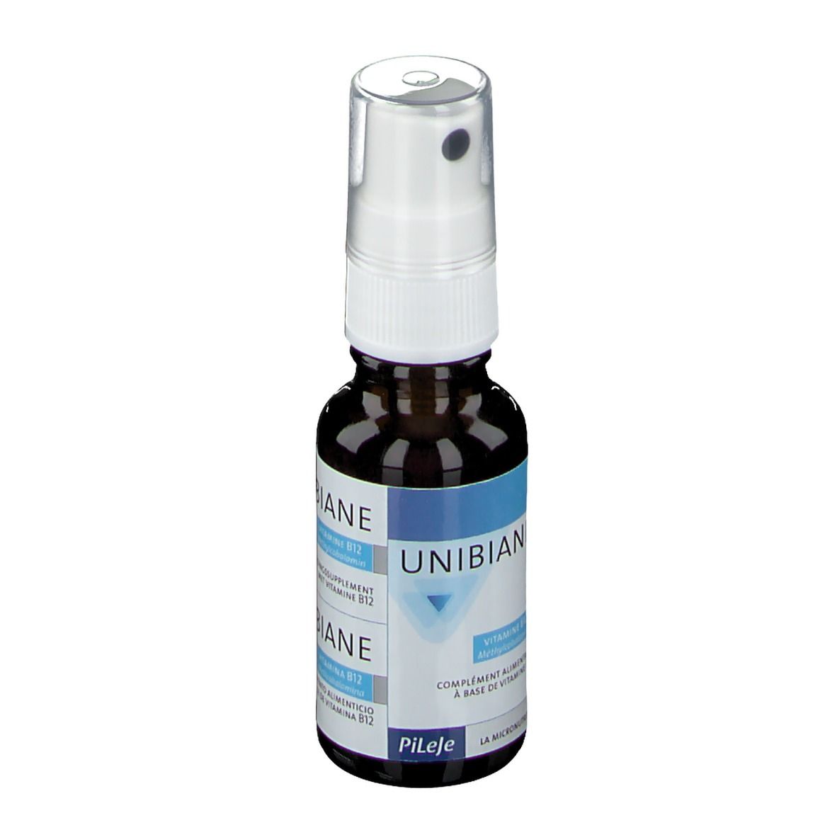 Flacon en verre brun avec pulvérisateur blanc. Inscription UNIBIANE, Vitamine B12. Marque PiLeJe.