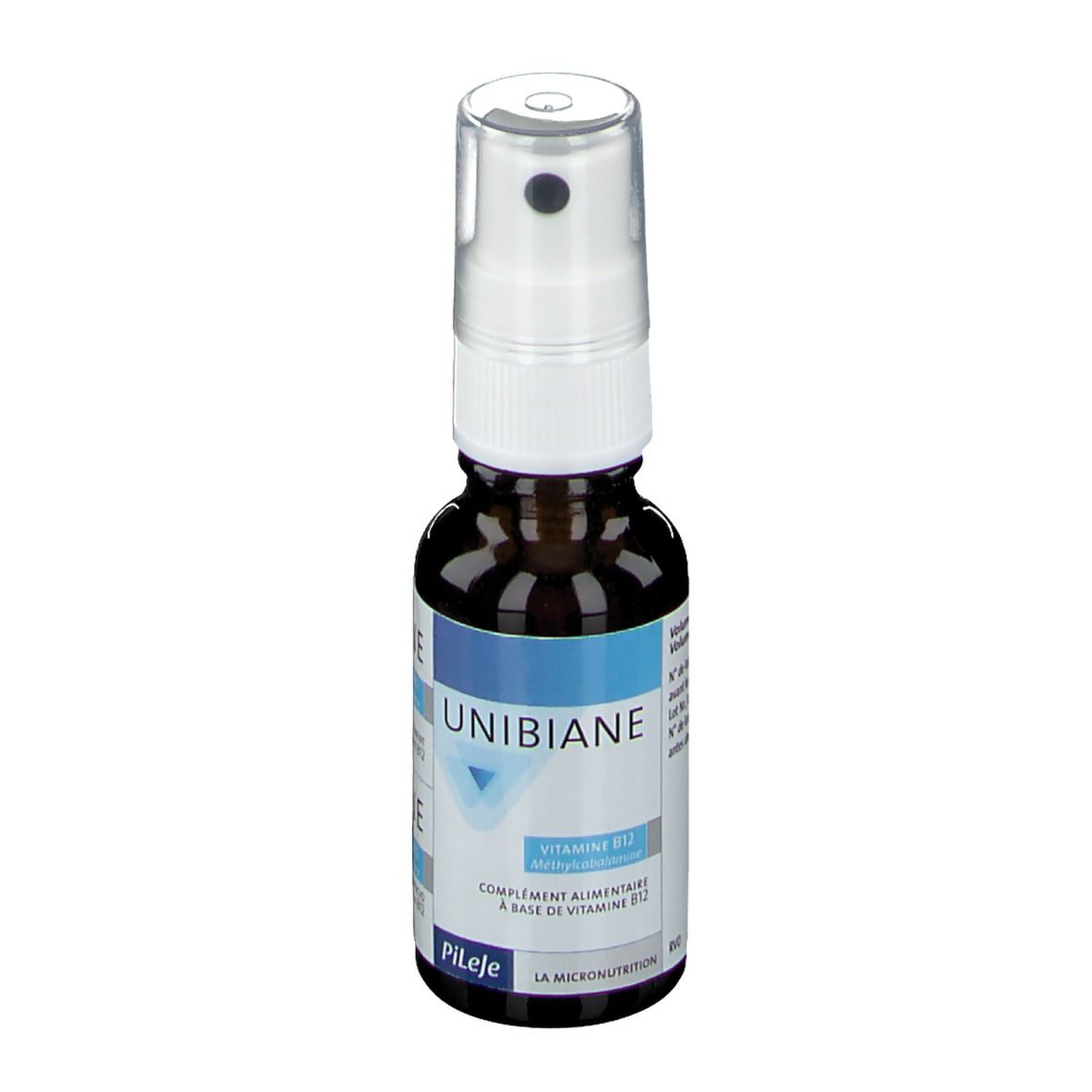Flacon en verre brun avec pulvérisateur blanc. Inscription UNIBIANE, Vitamine B12. Marque PiLeJe.