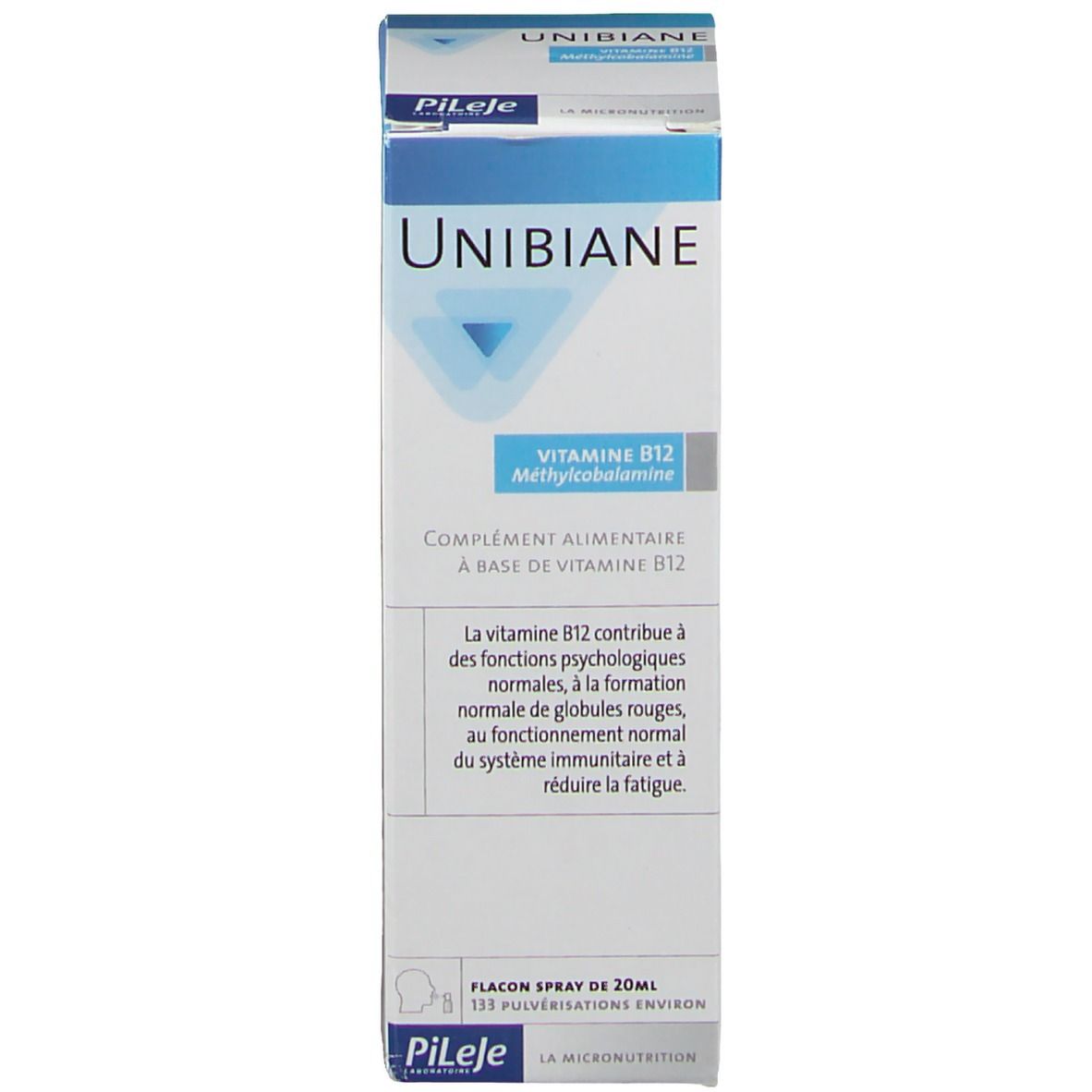Emballage du produit. Inscription UNIBIANE, Vitamine B12. Marque PiLeJe. Texte sur la vitamine B12.