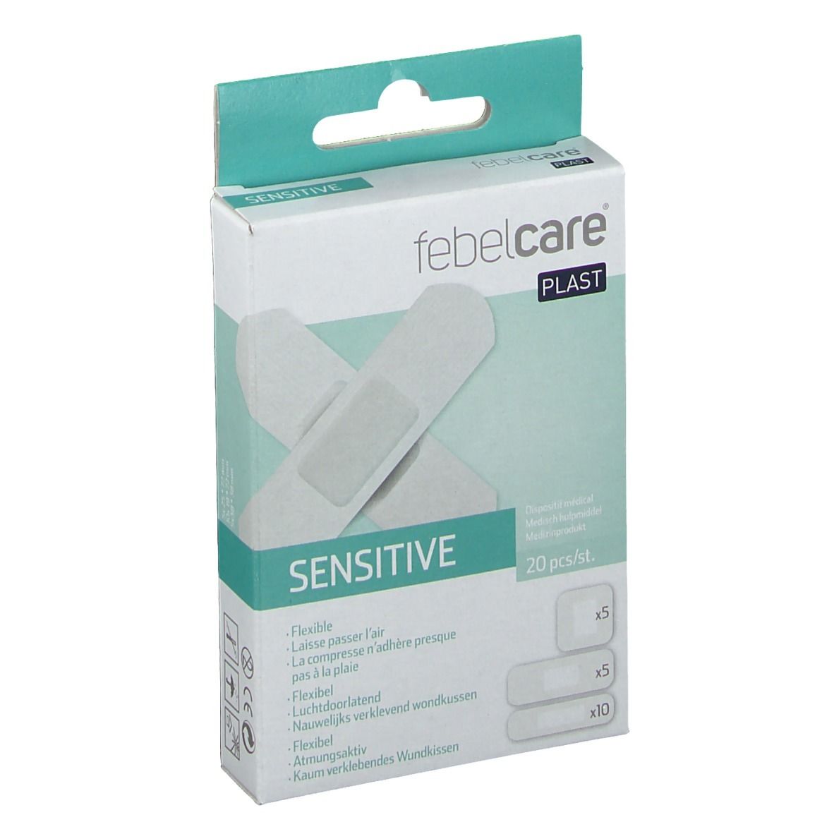 Boîte de pansements Febelcare SENSITIVE. Contient des pansements et affiche le contenu de l'emballage.