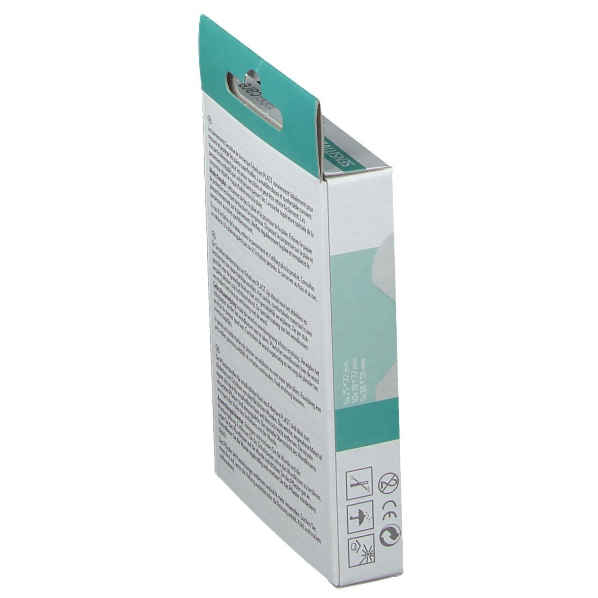 Vue latérale de la boîte de pansements. Texte et symboles, dont le marquage CE.