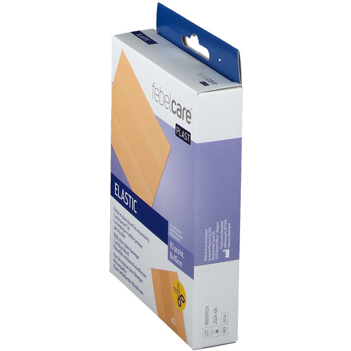 Vue latérale de la boîte de pansements élastiques. Marque Febelcare. Inscription: Elastic. Pansement beige sur l'emballage.