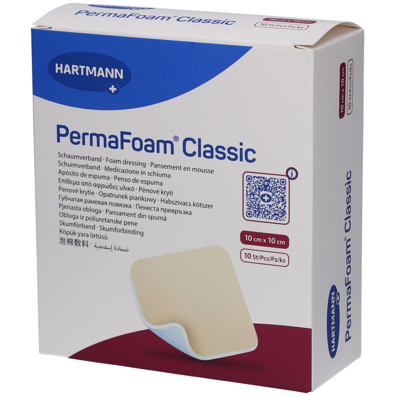 Boîte de PermaFoam classic. Pansement en mousse, 10x10cm, 10 pièces. Logo Hartmann. Image du produit.