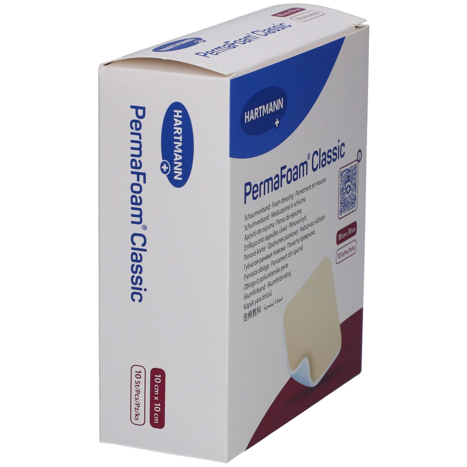 Boîte PermaFoam classic en biais. Pansement en mousse, 10x10cm, 10 pièces. Logo Hartmann. Image du produit.