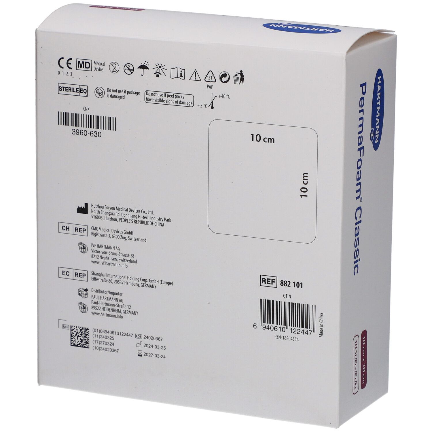 Dos de la boîte PermaFoam classic. Informations produit, fabricant, numéro de lot, date de péremption.