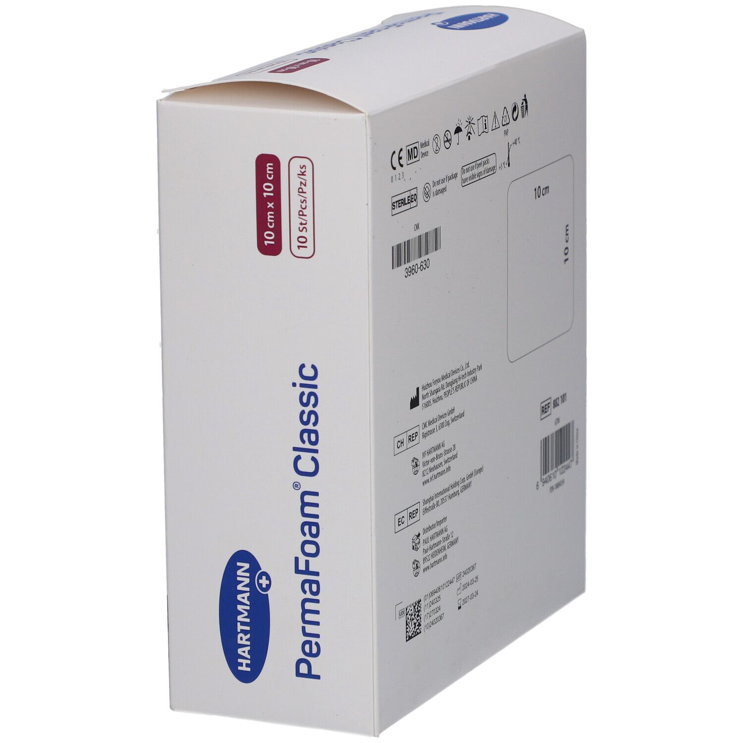 Boîte PermaFoam classic en biais. 10x10cm, 10 pièces. Logo Hartmann. Informations produit.
