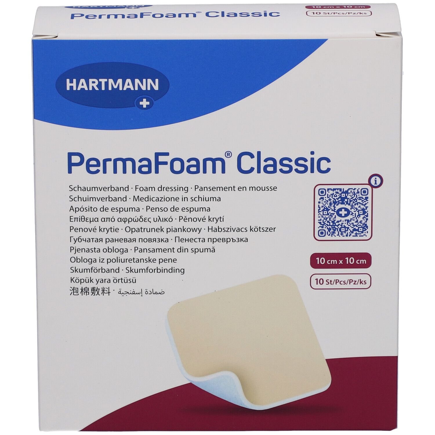 Boîte PermaFoam classic. Pansement en mousse, 10x10cm, 10 pièces. Logo Hartmann. Image du produit.