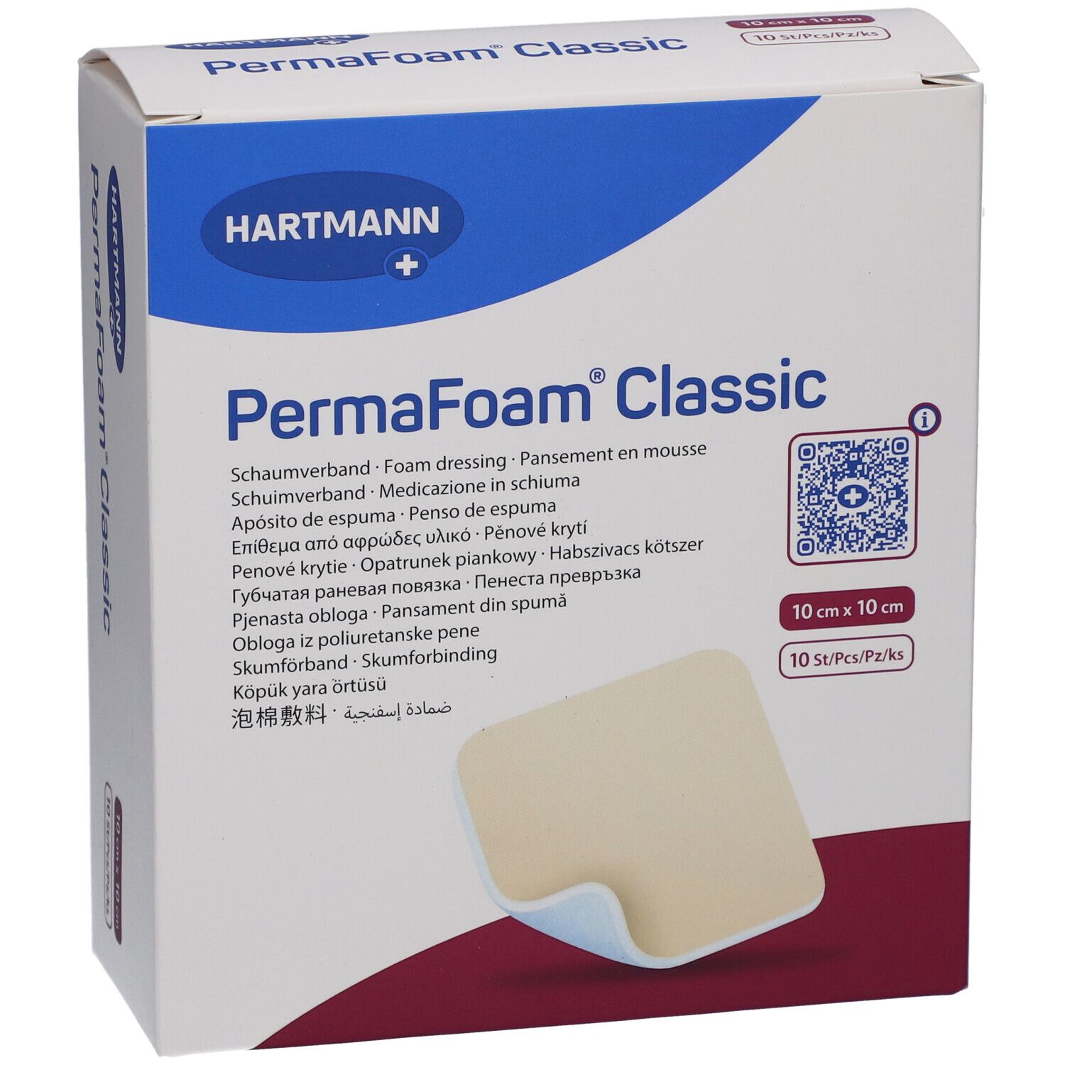 Boîte PermaFoam classic. Pansement en mousse, 10x10cm, 10 pièces. Logo Hartmann. Image du produit.