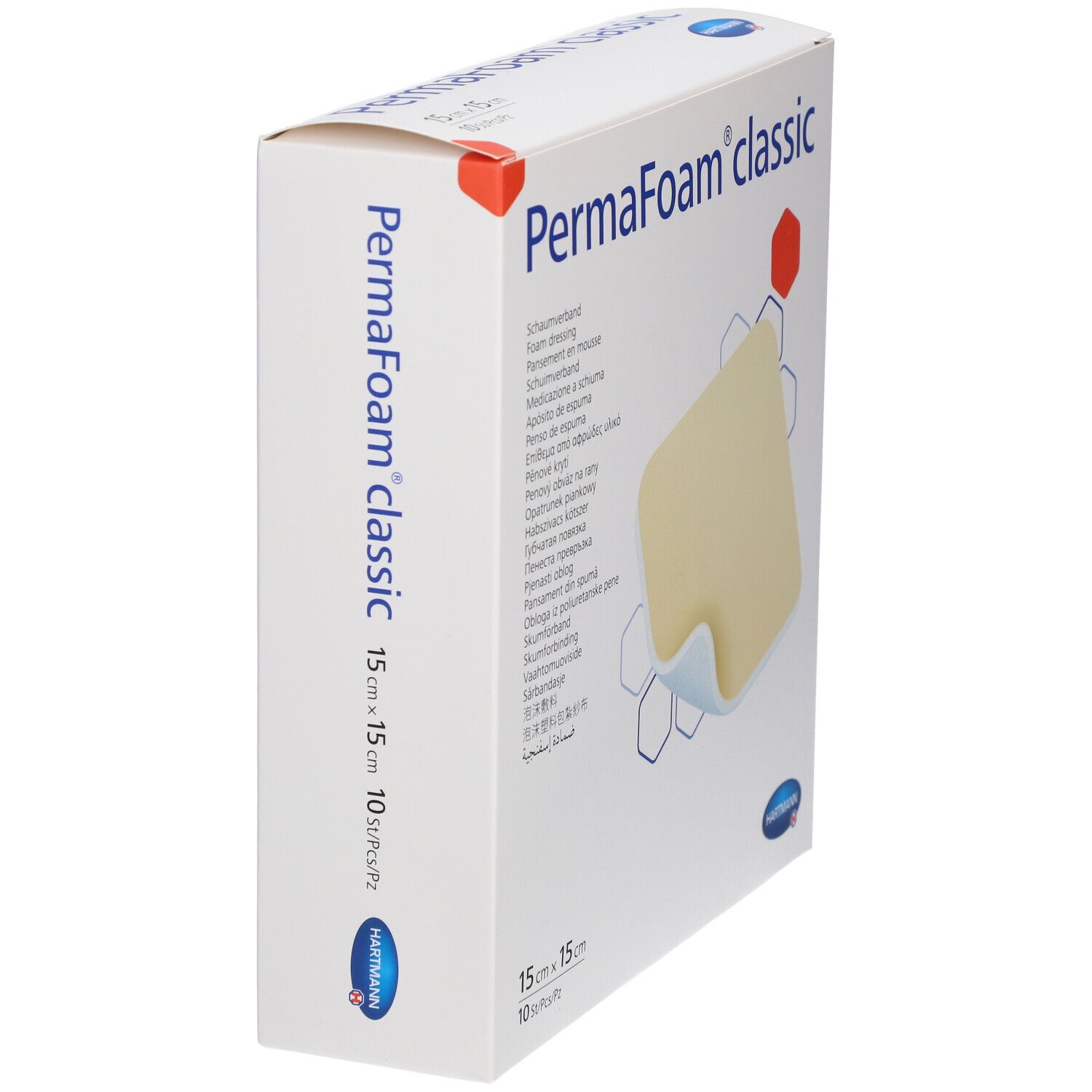 Boîte de pansements en mousse PermaFoam classic, 15x15 cm, 10 pièces. Marque Hartmann. Vue en perspective.