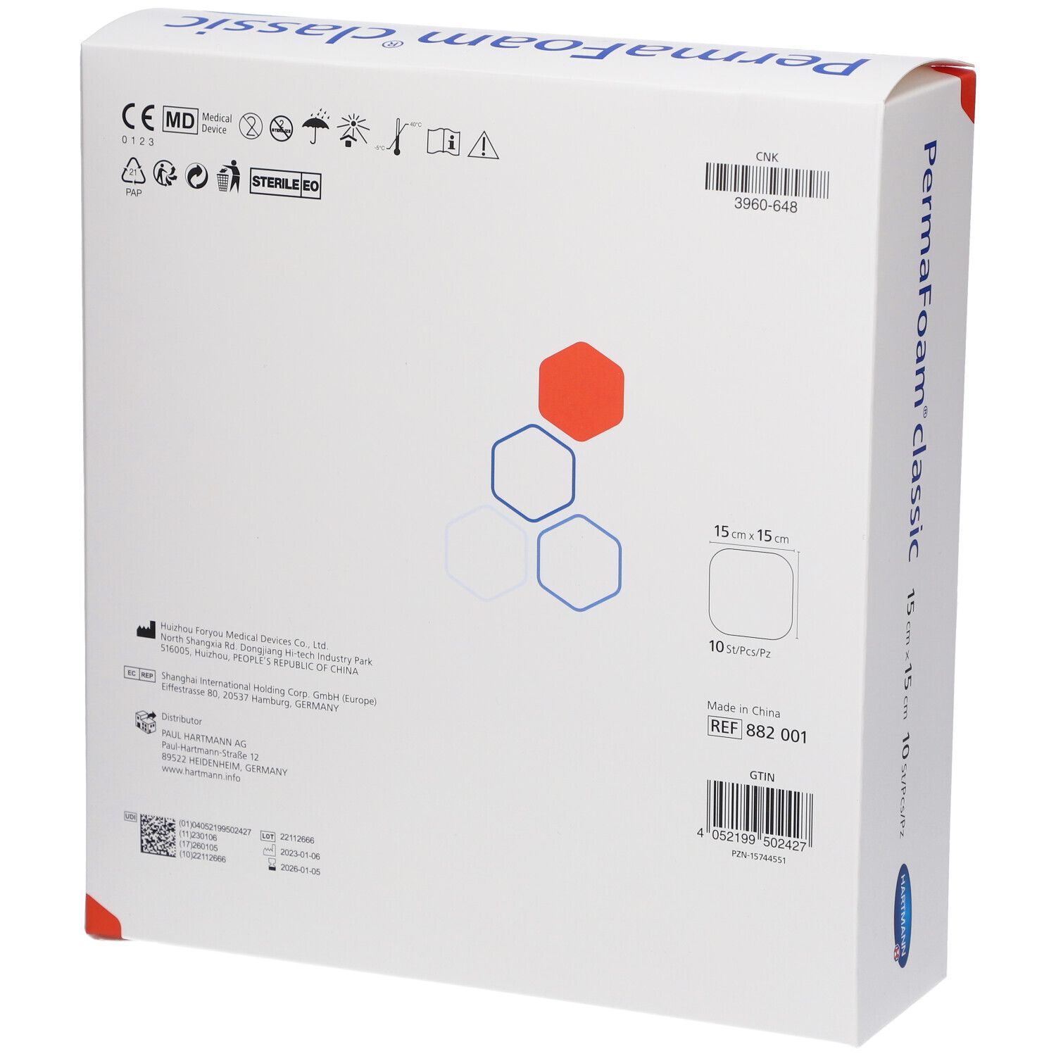 Dos de la boîte de pansements en mousse PermaFoam classic, 15x15 cm, 10 pièces. Marquage CE.