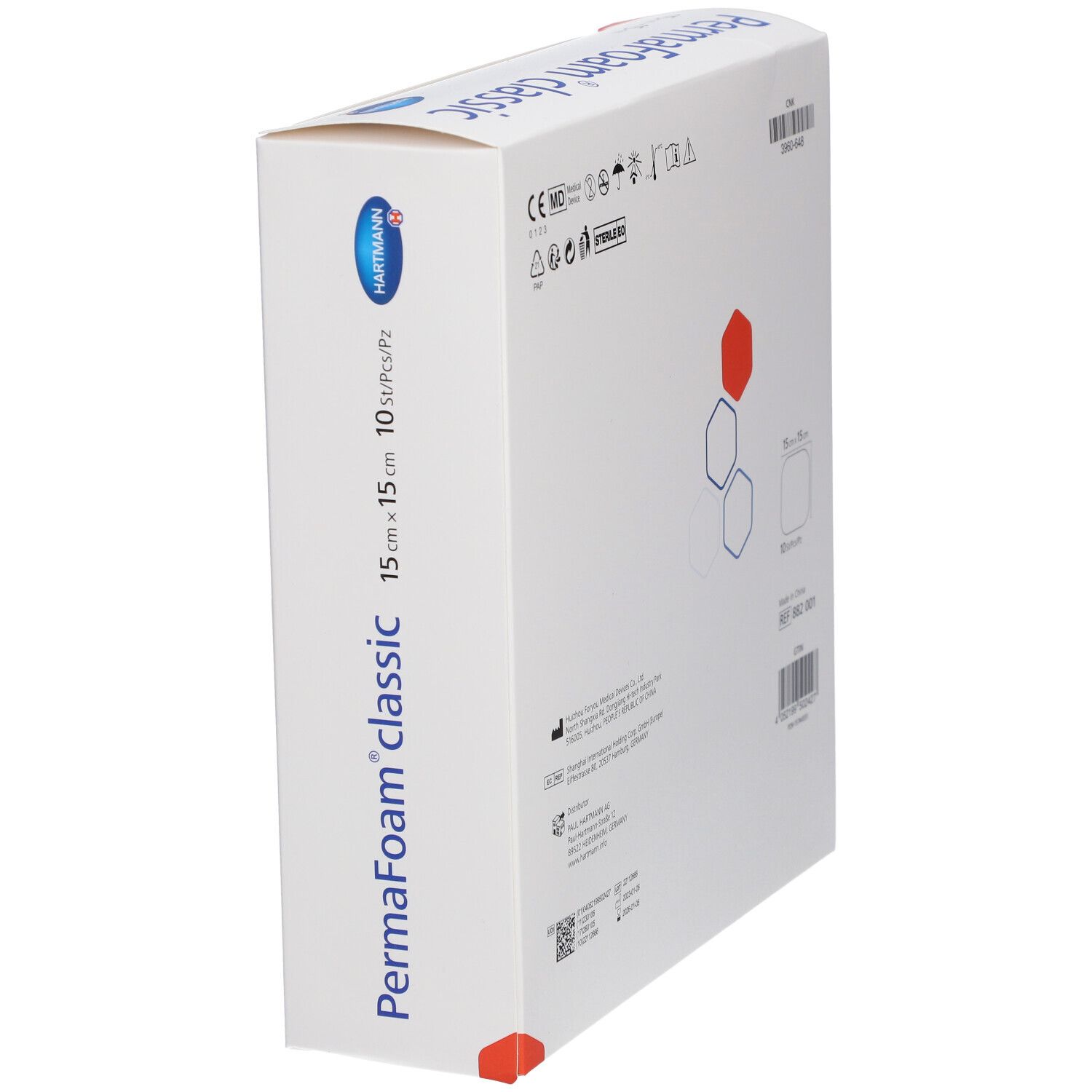 Boîte de pansements en mousse PermaFoam classic, 15x15 cm, 10 pièces. Marque Hartmann. Vue en perspective.