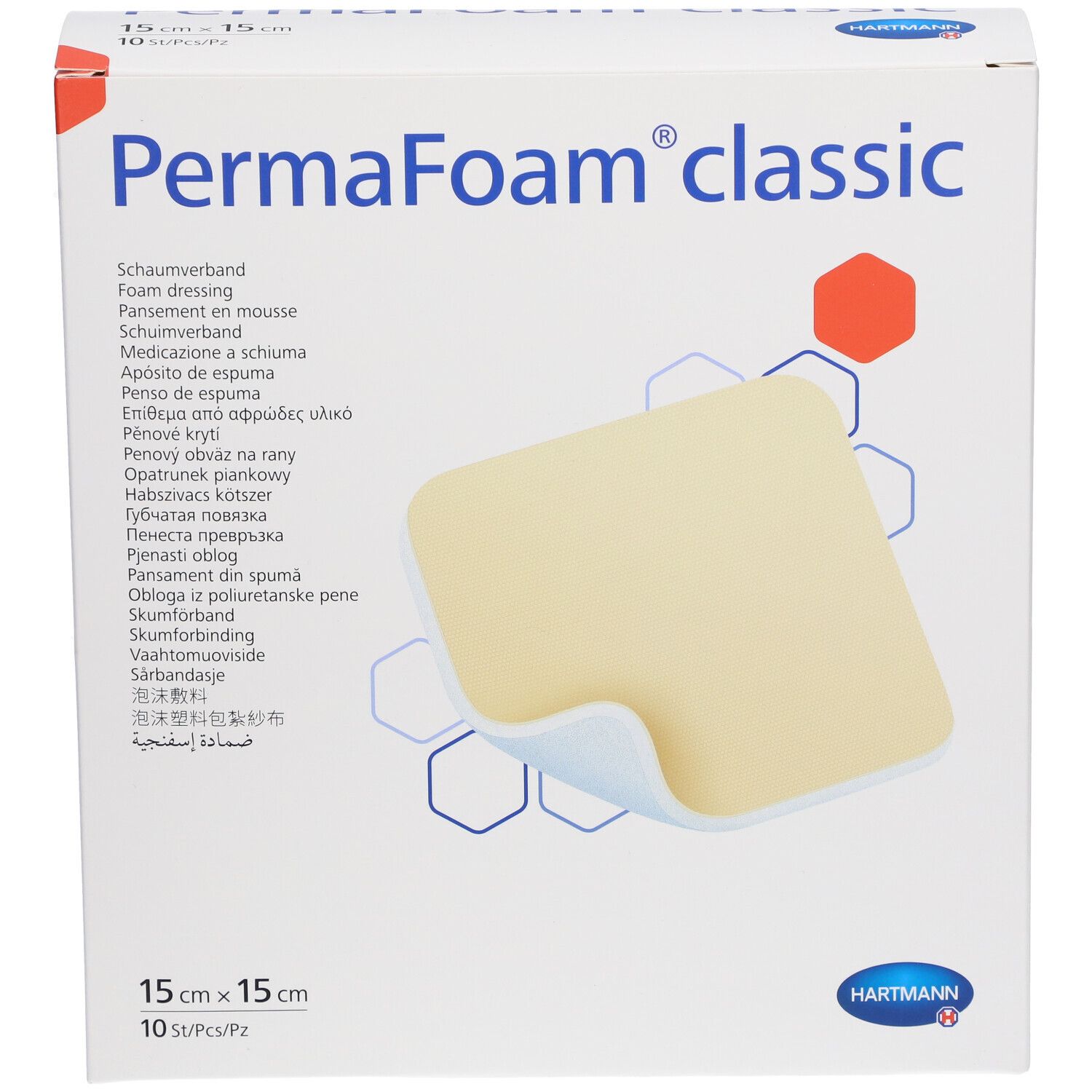 Boîte de pansements en mousse PermaFoam classic, 15x15 cm, 10 pièces. Marque Hartmann. Le pansement est visible.