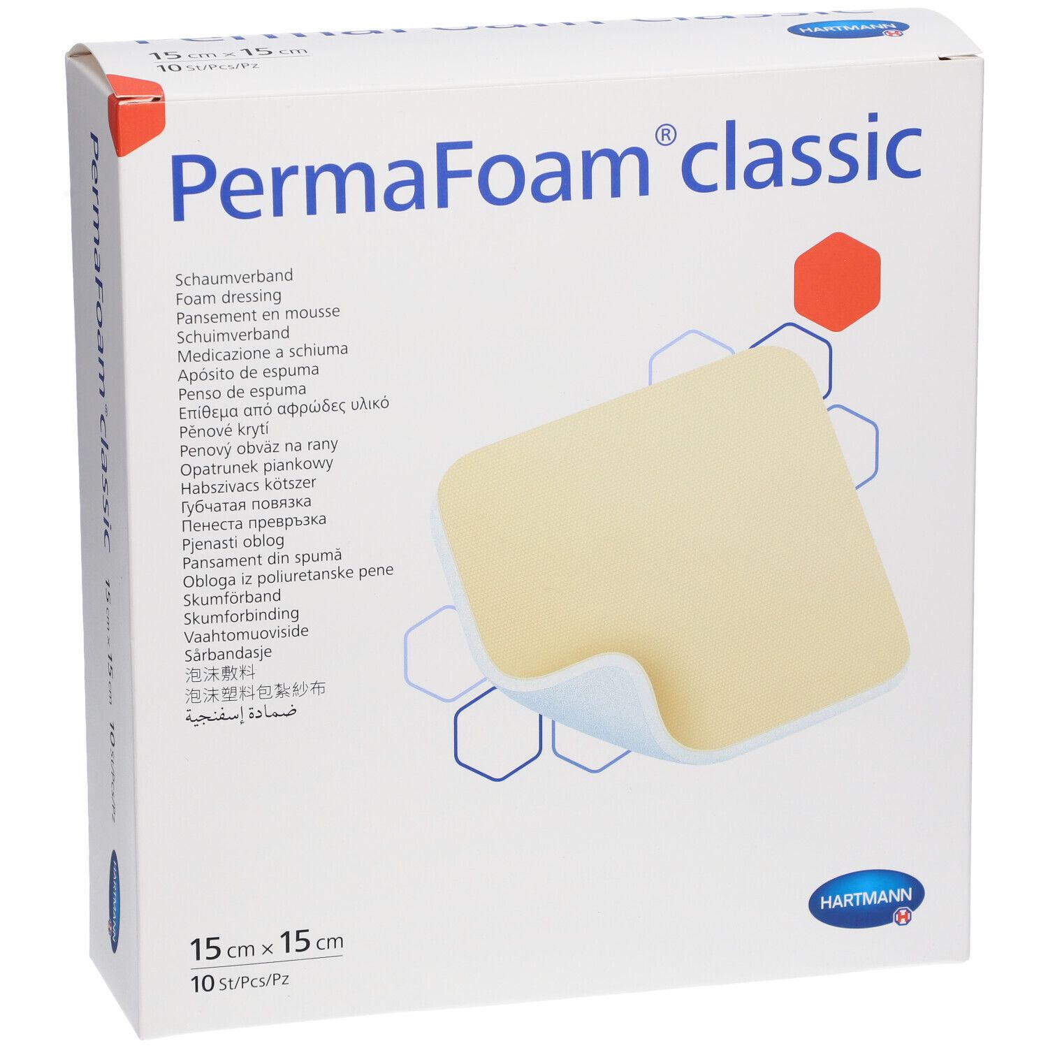 Boîte de pansements en mousse PermaFoam classic, 15x15 cm, 10 pièces. Marque Hartmann. Le pansement est visible.