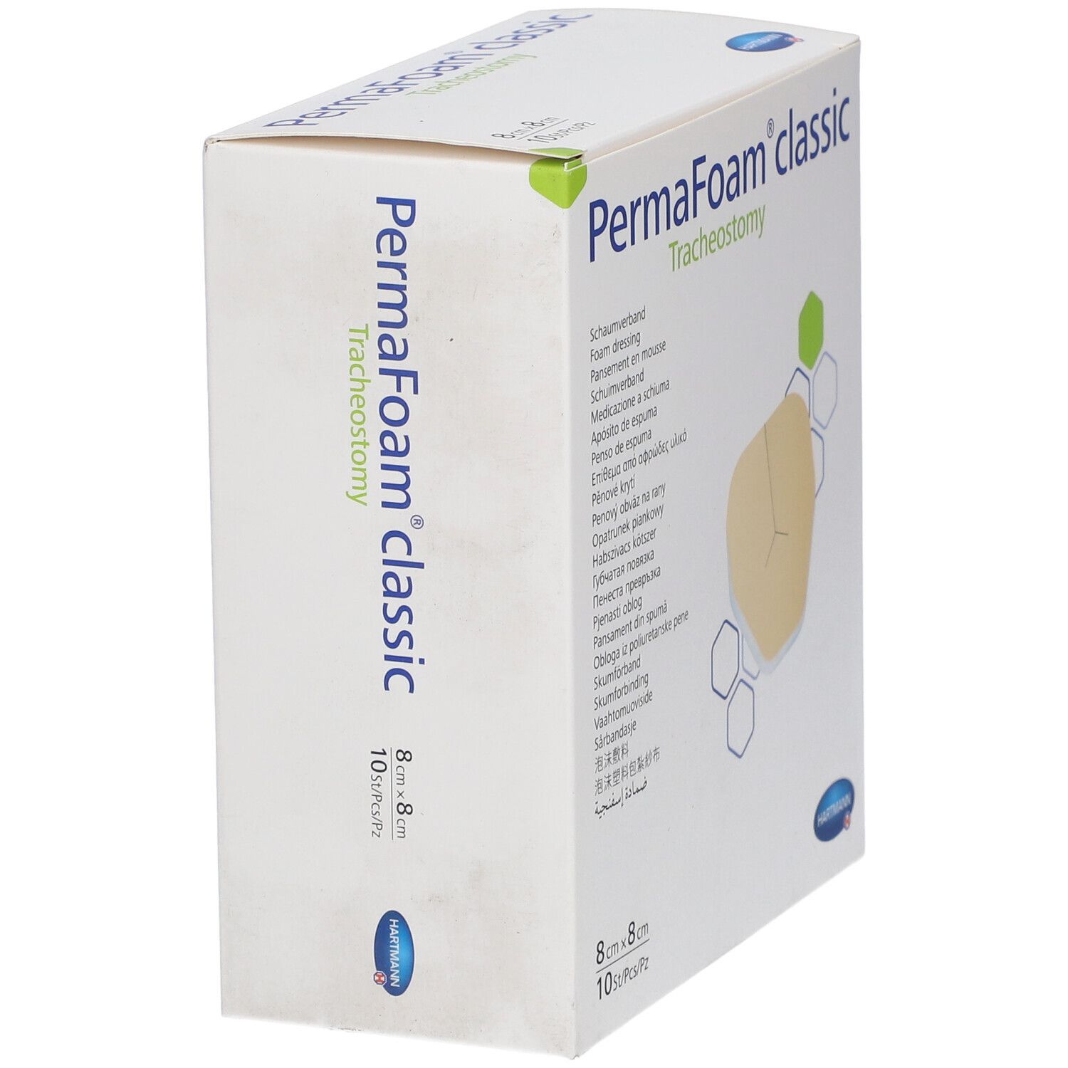 Boîte PermaFoam classic Trachéotomie. 8x8cm, 10 pièces. Vue latérale. Logo Hartmann.