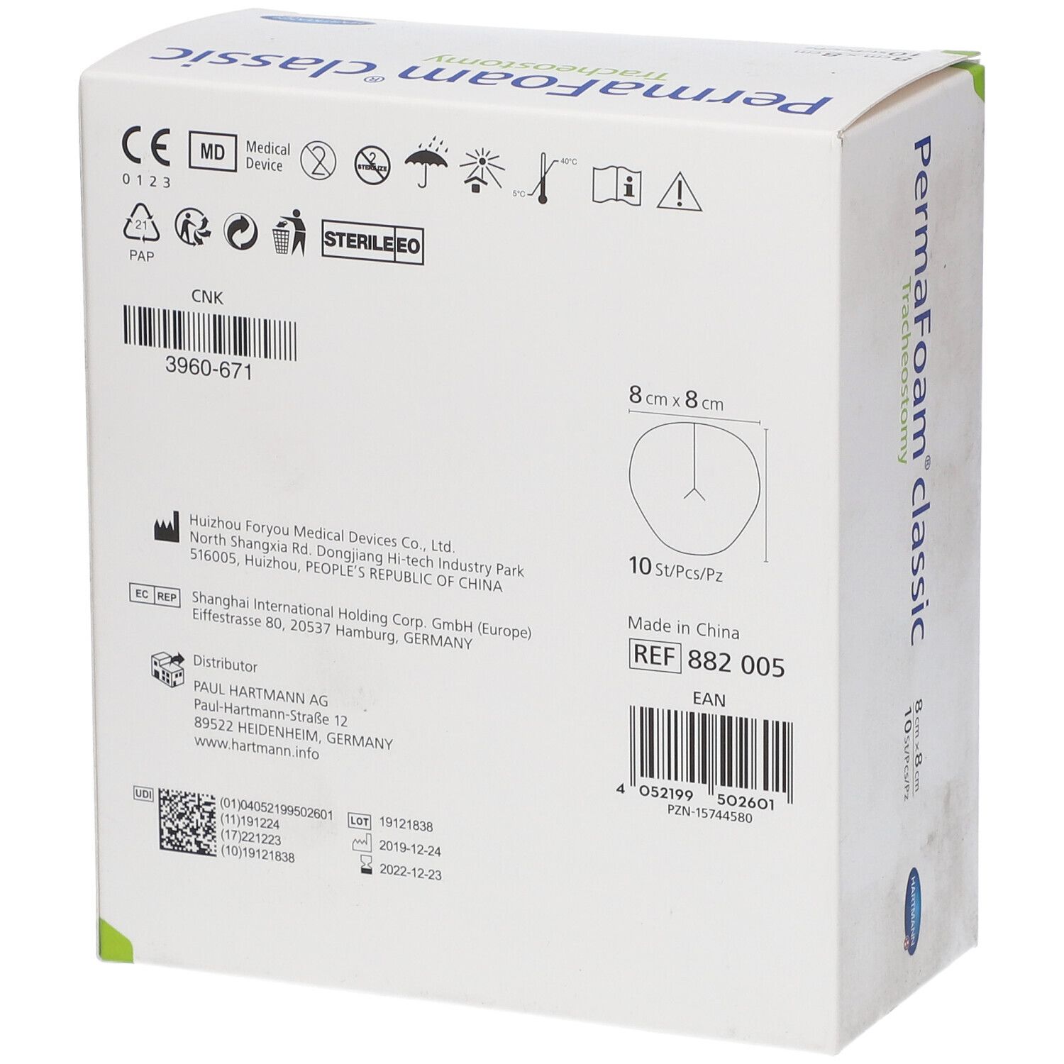 Dos de la boîte PermaFoam classic Trachéotomie. Informations produit, taille 8x8cm, 10 pièces.