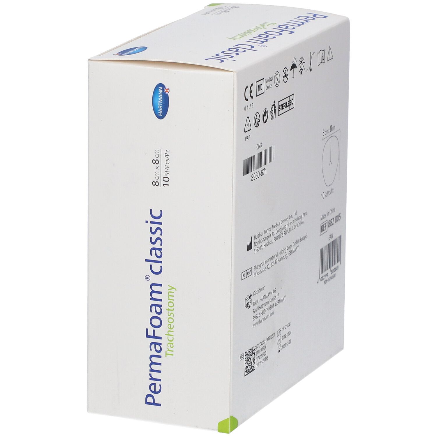 Boîte PermaFoam classic Trachéotomie. 8x8cm, 10 pièces. Vue oblique. Logo Hartmann.