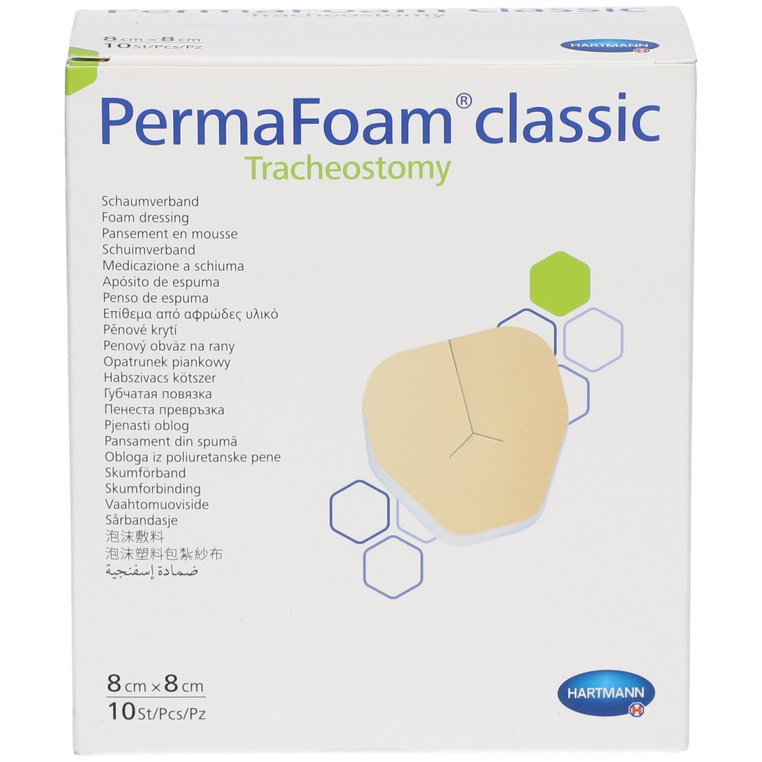 Boîte PermaFoam classic Trachéotomie. 8x8cm, 10 pièces. Pansement mousse beige avec découpe. Logo Hartmann.