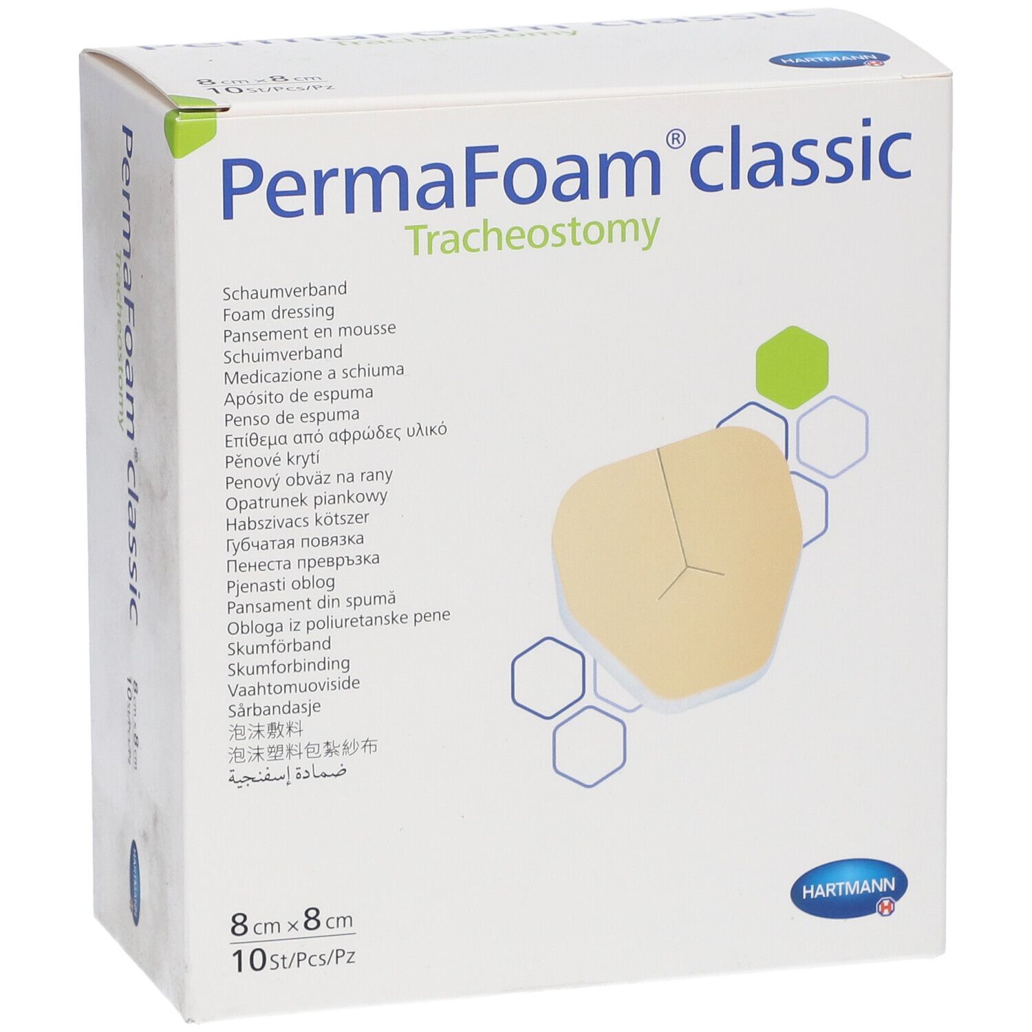 Boîte PermaFoam classic Trachéotomie. 8x8cm, 10 pièces. Pansement mousse beige avec découpe. Logo Hartmann.