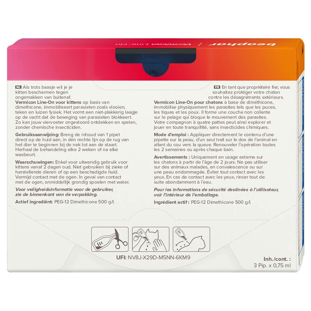 Dos de la boîte Beaphar Vermicon Line-On. Contenu: 3 pipettes de 0,75 ml. Instructions et ingrédients.