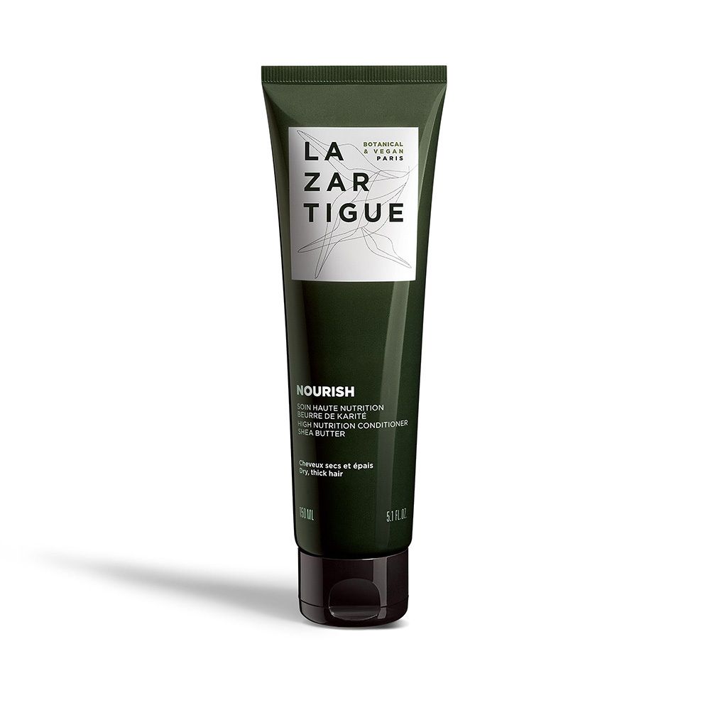 Tube vert LAZARTIGUE NOURISH. Inscriptions blanches. Contient du beurre de karité. Bouchon noir.