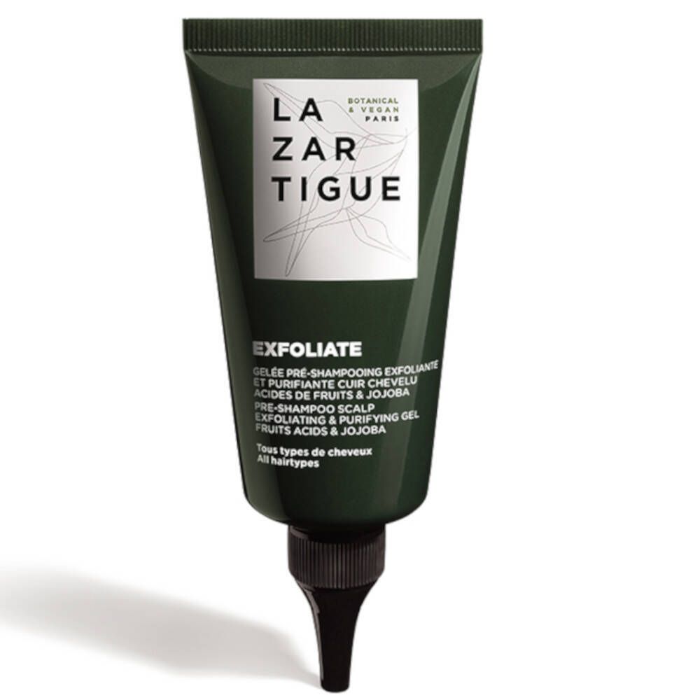 Tube vert avec bouchon noir. Inscription LAZARTIGUE et EXFOLIATE. Texte en français et anglais.