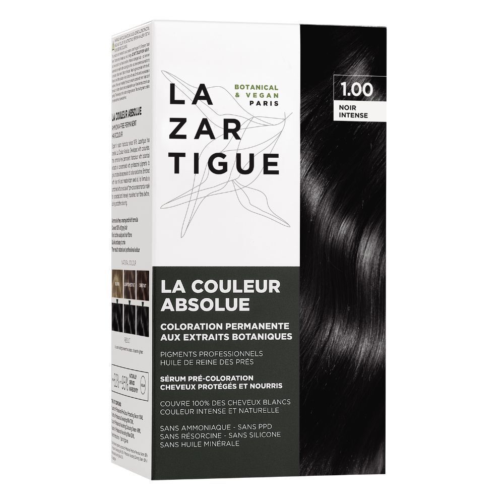 Emballage de LAZARTIGUE La Couleur Absolue 1.00 Noir Intense. Montre une boîte de teinture capillaire.