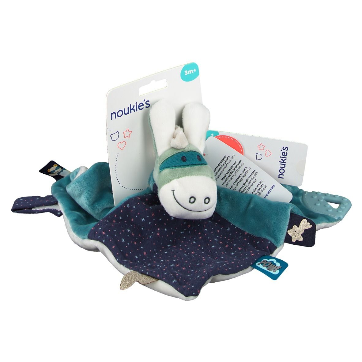 Doudou avec tête d'animal. Bleu-turquoise, motif étoiles. Étiquette avec informations produit.